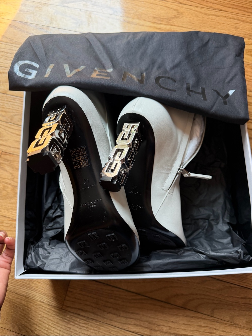 Givenchy White Leather Chain-Link Block Heel Booties